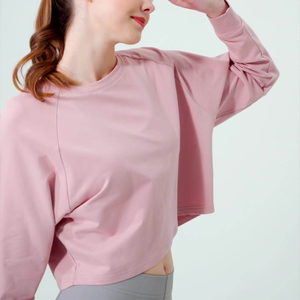 Sudadera de punto para mujer, blanca, oversize, con hombros caídos, manga larga, cuello redondo, estilo crop top, transpirable, de color liso, de algodón, para primavera - Product Image 6