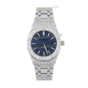 Montre de luxe avec cadran bleu Date automatique Testeur de diamants entièrement glacé D VVS Moissanite Diamond Montre en diamant en acier inoxydable - Product Image 1