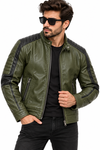 Veste de moto en cuir véritable vert olive pour homme, col montant, fermeture éclair, veste de motard, design de logo personnalisé, veste en cuir - Product Image 4