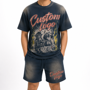 เสื้อยืดโอเวอร์ไซส์ลำลองผ้าฝ้าย 100% หนัก 465 GSM พิมพ์ลายกราฟิกแบบสกรีนซิลค์ซีรีน วินเทจ แซนเฟด คัสตอม พร้อมกางเกงขาสั้น - Product Image 4