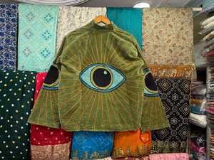 Olive Green Velvet Evil Eye Quilted Jacket Boho Suzani Embroidery Breathable Cotton Outerwear with Reversible Design - Product Image 2