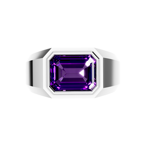 Unisex Sterling Silver <b>Ring</b> Lab Grown Emerald Cut Amethyst White <b>Gold</b> Bezel <b>Set</b> Classic High Quality Certified for Wedding - Product Image 3