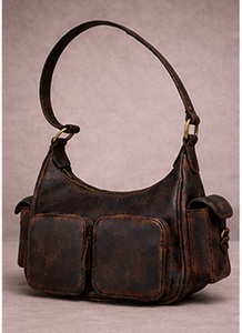 Sac à bandoulière vintage en cuir véritable marron pour femme, style bohème, automne, sac à main hobo multi-poches |   Porte-monnaie rétro tendance avec fermeture éclair OEM - Product Image 2