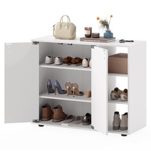 Scarpiera in bambù a 2 ante con ripiani regolabili, mobiletto portaoggetti a 3 livelli aperto e chiuso per ingresso, stile rustico bianco - Product Image 2