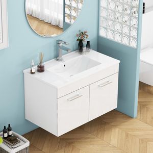 32-Inch Wall Mounted <b>Bathroom</b> <b>Vanity</b> with Double Doors Soft Close Sink Combo Luxury Wall Mount <b>Bathroom</b> Cabinet - Product Image 4