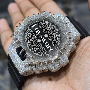 Montre de luxe à quartz avec lunette à motif épine, entièrement sertie de diamants Moissanite VVS, en acier inoxydable, bracelet en caoutchouc, style Hip Hop - Product Image 1