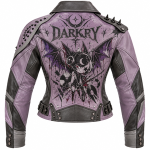 Chaqueta de cuero morada para mujer, estilo punk con tachuelas, abrigo de motociclista, ropa exterior gótica estampada, fabricante personalizado OEM ODM - Product Image 2