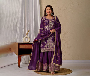 Ensemble Sharara Kurti prêt-à-porter pakistanais avec dupatta, en tissu Georgette indien brodé, style ethnique pour mariage, Diwali et fêtes - Product Image 1