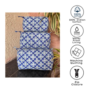 Premium Jaipur Hand Block <b>Toiletry</b> Bag Set of 3 Multi Function Travel Organizer Cosmetic Bags Blue Floral Design Unisex Kids - Product Image 2