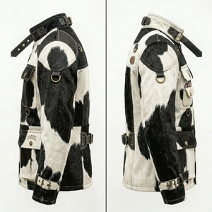 Chaqueta de cuero con pelo de vaca personalizada al por mayor para hombre, estilo desgastado, con retazos geométricos y múltiples bolsillos, para exteriores. - Product Image 3