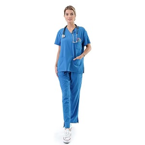 Women's Blue <b>Scrub</b> Set Short Sleeve V-Neck Top With Pockets Hospital Uniform Woven Cotton Polyester Blend - Product Image 4