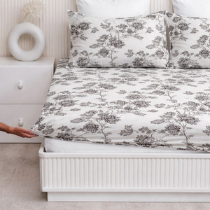 Luxury Grey Floral Cotton Fitted Bedsheet with Elastic Deep Pocket| Soft Breathable Wrinkle Resistant <b>Bedding</b> <b>Set</b> for Home Decor - Product Image 1