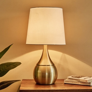 Luxury design Gold <b>Table</b> Lamp Modern Brushed Brass <b>Bedside</b> Light Teardrop Metal Base Fabric Shade Elegant Bedroom Accent Decor - Product Image 2