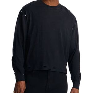 Sudadera Negra Desgastada para Hombre al por Mayor, de Algodón Grueso de 340 GSM con Borde sin Rematar y Capucha Estilo Vintage - Product Image 2