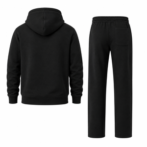 Ensemble jogging homme noir à capuche zippé en molleton, deux pièces, tenue décontractée, sportive et streetwear - Product Image 2