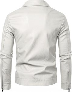 <b>Men's</b> <b>White</b> Genuine Leather Moto <b>Jacket</b> Slim Fit Turn-down Collar Zipper Closure Regular Sleeve Solid Color Autumn Wear - Product Image 3