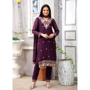 Traje de Georgette de diseñador para mujer bordado con intrincado trabajo de secuencia - Product Image 2