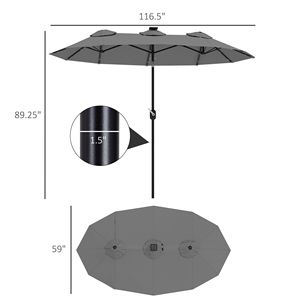 Parasol de patio extérieur double face de 9,7' avec mécanisme d'inclinaison et manivelle, éclairage solaire LED, 12 baleines, gris - Product Image 3