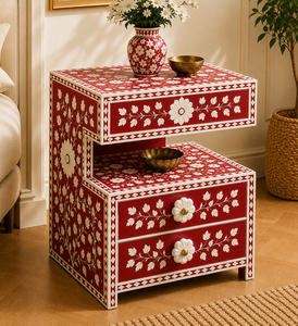 Luxurious Resin Bone Inlay Nightstand With Drawers & <b>Shelf</b> Red Floral Cabinet <b>Bedside</b> End Table For Bedroom Hotel Home Decor - Product Image 1