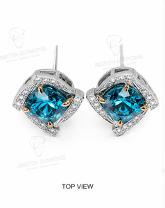 Lujosos pendientes de diamantes azules con montura geométrica de oro blanco de 18 quilates y engaste de oro amarillo, con diamantes redondos en forma de halo. - Product Image 4