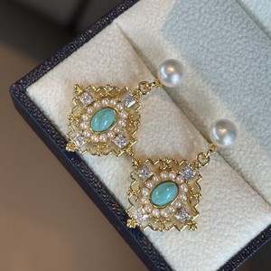 Pendientes Colgantes de Estilo Chino Retro al por Mayor, Perla Natural de Agua Dulce y Turquesa con Diamantes para Venta al por Menor y al por Mayor - Product Image 3