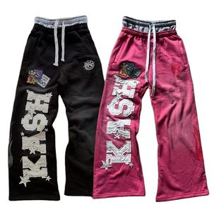 Tendance hommes pantalons pantalons de survêtement amples broderie Patch droite jambe large Baggy pantalon de survêtement éponge française Double taille pantalons de survêtement - Product Image 1