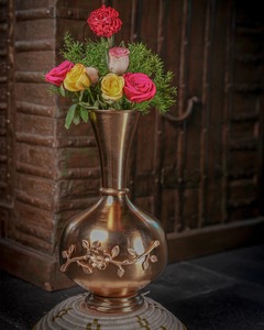 Vintage brass <b>Vase</b> With Floral Embossing And Colorful <b>Roses</b> For Home Decor - Product Image 1