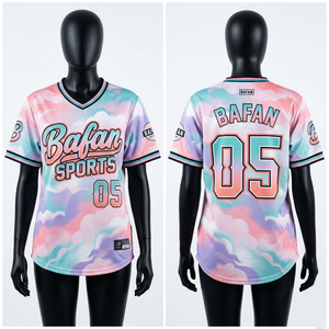 Maillot de baseball pour femme en polyester premium 180 GSM, teinture pastel nuage, impression par sublimation, logo personnalisé. - Product Image 1
