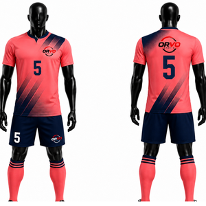 ORVO Customizable Men's <b>Soccer</b> Jersey Set Pink Navy Blue Number 5 V-Neck Short Sleeve Uniform Matching Shorts Socks Polyester - Product Image 2