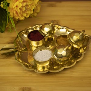 Brass Leaf Design Aarti <b>Plate</b> Set with Three Kumkum Containers for Pooja, Temple Rituals and Festive Gifting - Product Image 3