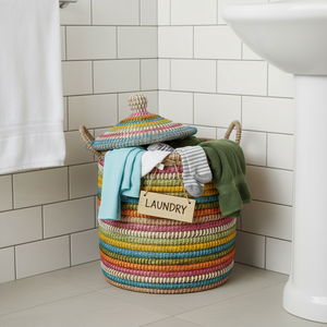 Decorative Rainbow Seagrass <b>Basket</b> with Lid Colorful Woven <b>Storage</b> <b>Basket</b> With Plastic String for Home Use <b>Storage</b> - Product Image 5