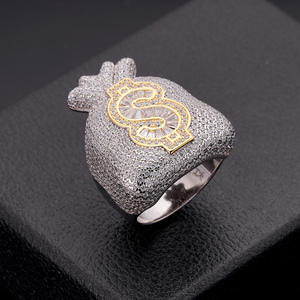 Bague pour homme AMBER JEWELS, style hip-hop, or massif 14 carats, plaqué or 14 carats, design en forme de signe dollar serti de diamants, certifiée IGI - Product Image 1