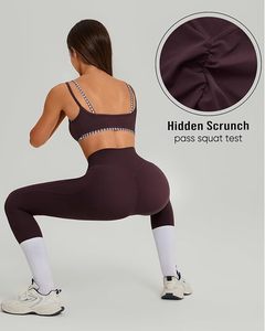 Seamless 2 Piece Yoga <b>Set</b> Women High Waist Leggings Sports Bra Gingham Trim Workout Clothes Wholesale <b>Gym</b> Wear Activewear Outfit - Product Image 4