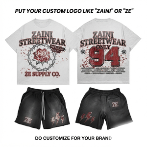 Premium 320 GSM Cotton French Terry <b>T</b> <b>Shirt</b> and Short Set Washed Grey <b>Black</b> Custom Logo Oversized - Product Image 1