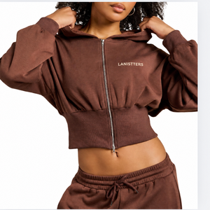 Lanisters Industries Custom Womens <b>Cropped</b> Full <b>Zip</b> Hoodie Fleece Drop Shoulder Sweatshirt Wide Ribbed Waist Long Sleeves - Product Image 1