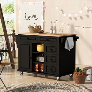 Isola da Cucina Mobile con Ruote da 53 Pollici, con Spazio di Archiviazione e 5 Cassetti, Piano in Legno di Gomma, Carrello da Cucina - Product Image 2