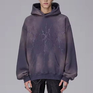 เสื้อฮู้ดดี้ผู้ชายผ้าฝ้ายหนานุ่มคุณภาพสูงสำหรับฤดูหนาว พิมพ์ลายดิจิทัล แต่งขาดแบบดิสเทรส ล้างสีแบบ Stone Acid Wash - Product Image 1