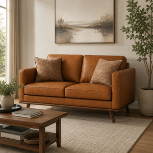 Midcentury Modern Genuine Leather Two Seat <b>Sofa</b> Tight Back Straight Arm <b>Wood</b> Legs Living Room Furniture Leather <b>Sofa</b> - Product Image 5