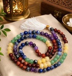 Bracelet élastique en pierres naturelles 7 chakras, bijoux en pierres précieuses multicolores, unisexe, avec pompon Mala, pour anniversaire - Product Image 2