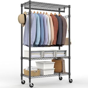 Heavy-Duty 3-Tier Adjustable Wire Shelving Rolling Garment Rack with Side <b>Hooks</b> for Storage Closet Clothes Organiser - Product Image 1