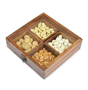 Boîte de rangement en bois à 4 compartiments de qualité alimentaire pour collations, noix, épices, avec cuillère, durable, pour cuisine, rangement de masala, compatible four, pour la maison - Product Image 1