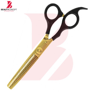 Últimas tijeras profesionales de peluquería con hoja chapada en oro y mango de plástico negro para texturizar el cabello - Product Image 2