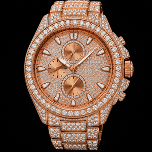 Montre à quartz pour homme en acier inoxydable couleur or rose, cadran serti de pierres scintillantes, chronographe à trois sous-cadrans, montre de luxe tendance - Product Image 1