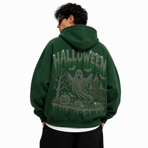 เสื้อฮู้ดซิปสีเขียวสำหรับผู้ชาย ทรงโอเวอร์ไซส์ พิมพ์ลายฮาโลวีนประดับเพชร  ผ้าหนา  ขายส่งจากโรงงาน รับผลิตแบบ OEM - Product Image 4