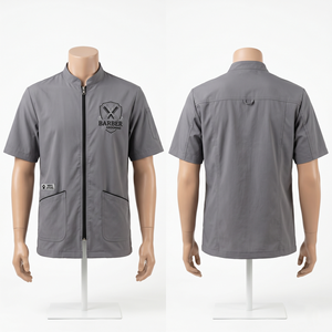 Chaqueta de Barbero para Hombre, 180 GSM, Polialgodón, Gris, Manga Corta, Cierre Frontal, Uniforme, Bordado Personalizado, Impresión por Transferencia de Calor - Product Image 1