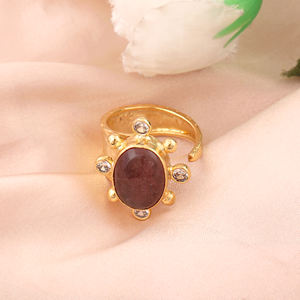 Anillo de bisutería de cuarzo cereza natural con detalles de circonita cúbica, anillo ajustable de latón macizo chapado en oro de 18k con diseño de rayos de sol, anillos abiertos. - Product Image 3