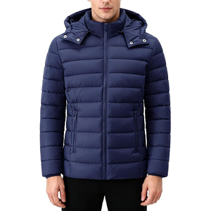 Men's Navy Blue Hooded Puffer <b>Jacket</b> Windproof Zipper Closure Polyester Winter Coat Casual Style Regular Fit - Product Image 3