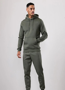 Men's Olive Green Hooded <b>Tracksuit</b> Set Full Length Solid Color Casual Sweatshirt with Side Pockets and Jogger Pants - Product Image 1