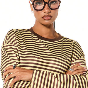 Camiseta a rayas de algodón 100% para mujer, blusa ligera de manga larga, camiseta informal a rayas sencilla y sexy que combina con todo - Product Image 3