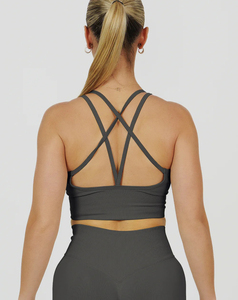 High Support Seamless Women's Cotton Spandex U-Neck Yoga <b>Bra</b> Breathable Quick Dry Solid Color 160g Crisscross <b>Straps</b> Front Logo - Product Image 2